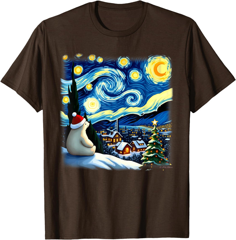 Van Gogh Polar Bear Xmas Tees Christmas Polar Bear Starry Night T-Shirt - Brown