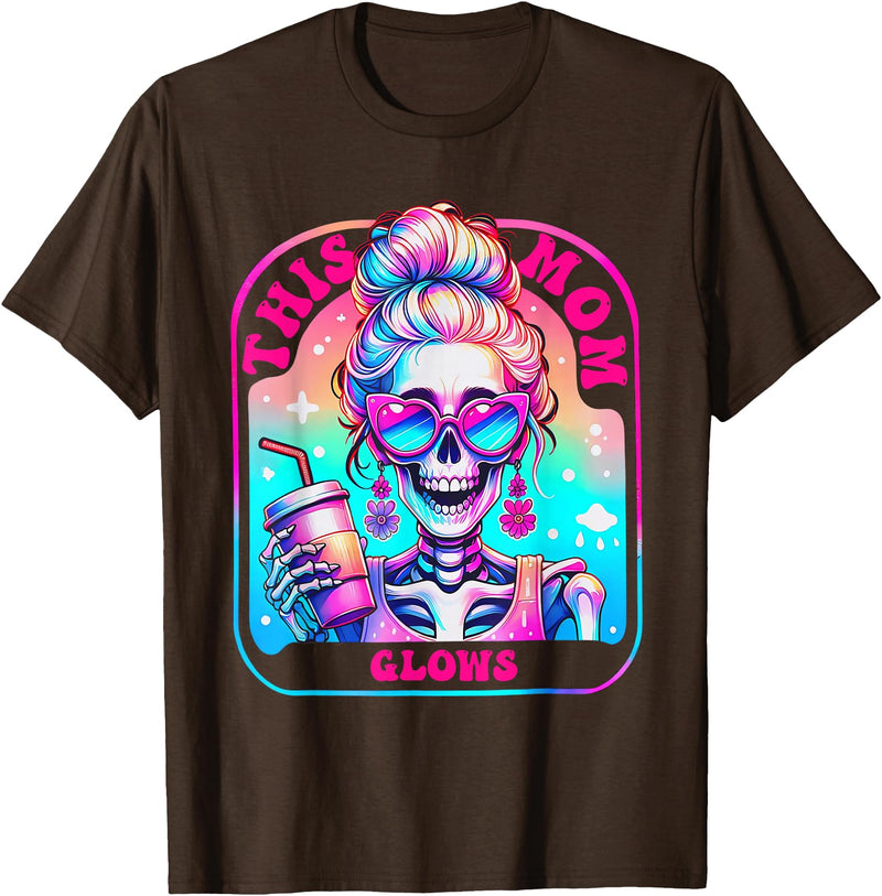Glow Mom Apparel This Mom Glows Skeleton Mom Colorful Design T-Shirt - Brown