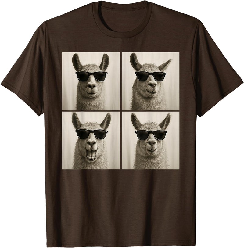 Retro Llama Portrait with Sunglasses Funny Llama Lover Cute Llama Photo Booth T-Shirt - Brown