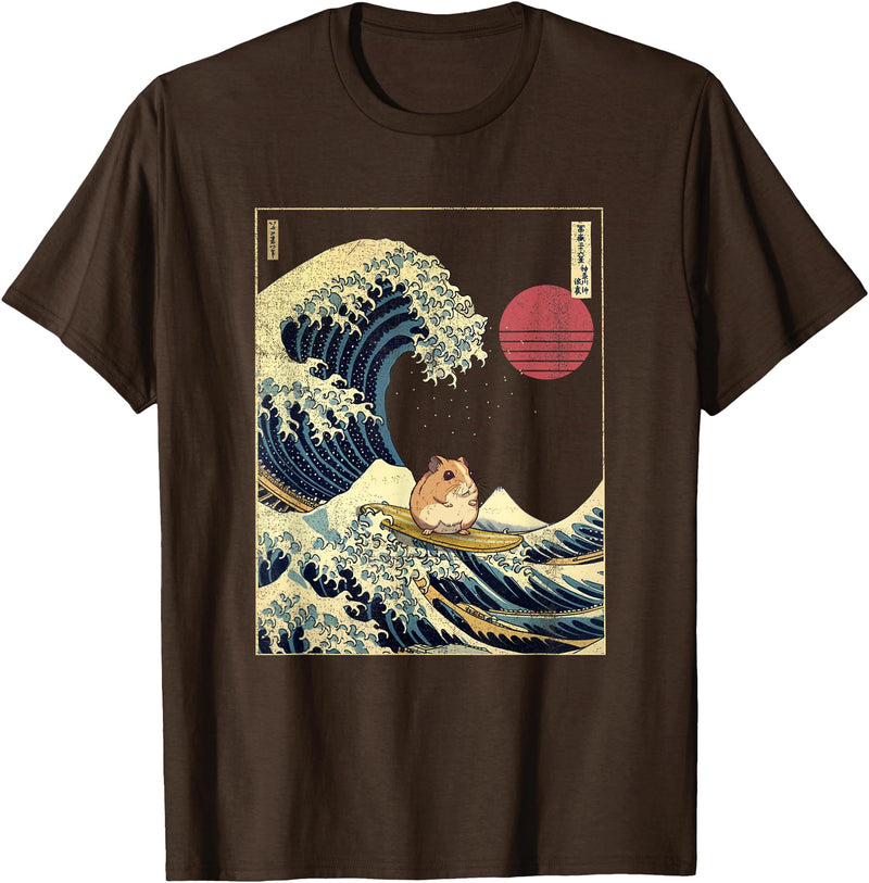 Hamster Kanagawa Wave Funny Surf Animal T-Shirt - Brown