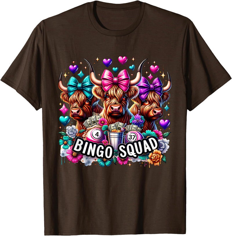 Highland Cow Bingo Player Gambler Lottery Player Highland Cow Bingo Squad Player Gambler Lottery Game Lovers T-Shirt - Brown