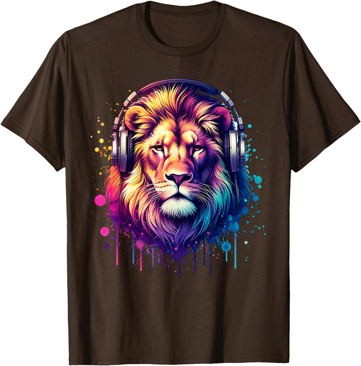 Funny Animal With Headphones Lion with Headphones T-Shirt - Brown