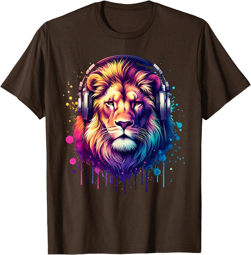 Funny Animal With Headphones Lion With Headphones T-Shirt - Brown