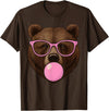 Bear Face Wearing Glasses Apparel For Women ladies Cute Bear Face Eating Gum and Makes Bubble Funny Bears Women T-Shirt - Brown