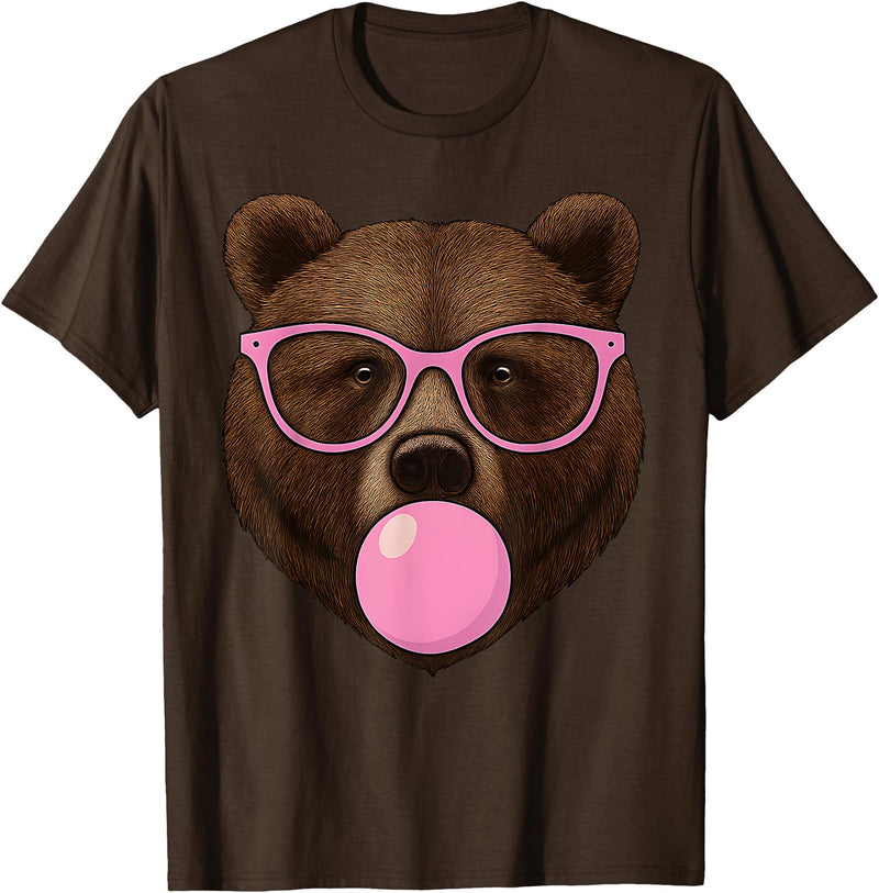 Bear Face Wearing Glasses Apparel For Women ladies Cute Bear Face Eating Gum and Makes Bubble Funny Bears Women T-Shirt - Brown