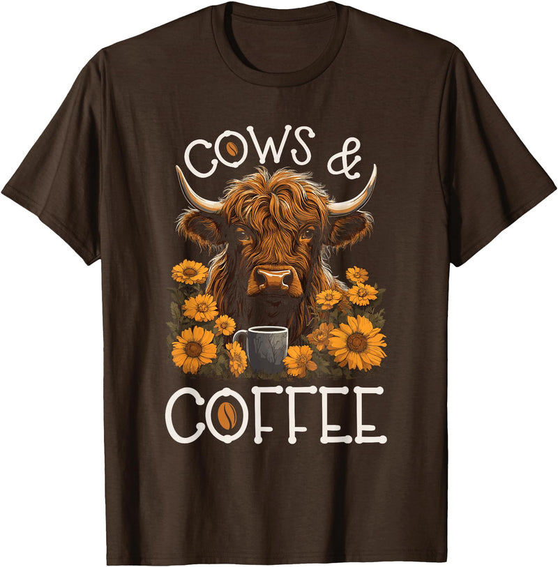 Scottish Highland Cow Gifts For Cowgirls Highland Cow and Coffee, Funny Western Girl Country T-Shirt - Brown