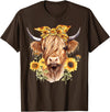 Kala Floral Highland Cow Designs Cute Scottish Highland Cow Wearing Sunflower Bandana Heifer T-Shirt - Brown