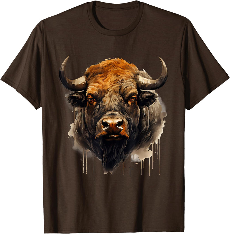 Safari Animal Art Buffalo Animal Print Portrait Bison Nature Artwork T-Shirt - Brown
