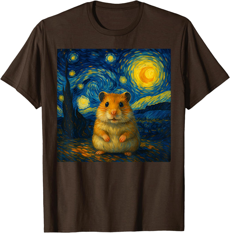 Hamster Starry Night Van Gogh Art for Men Women Kids T-Shirt - Brown