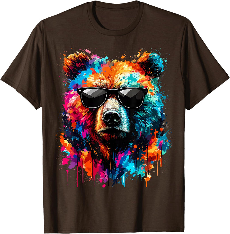 Funny Colorful Bear Lover Wildlife Colourful Bear with Sunglasses T-Shirt - Brown