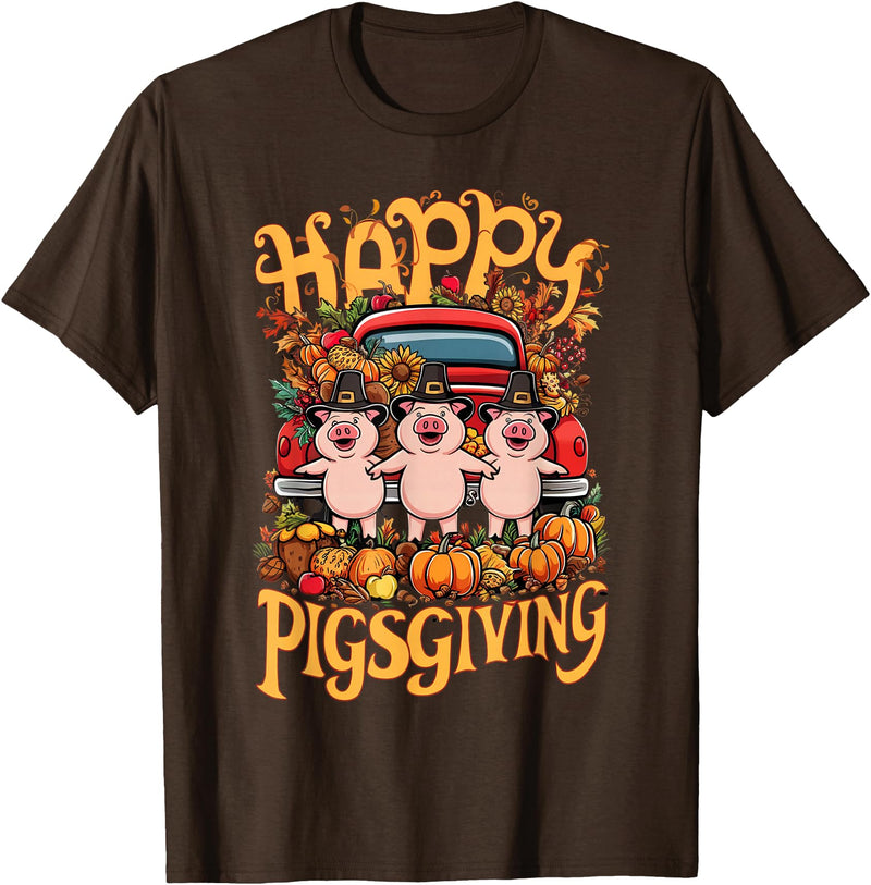 Funny Thanksgiving Pigs Pumpkins Fall Happy Pigsgiving Pigs Pumpkins Fall Thanksgiving T-Shirt - Brown