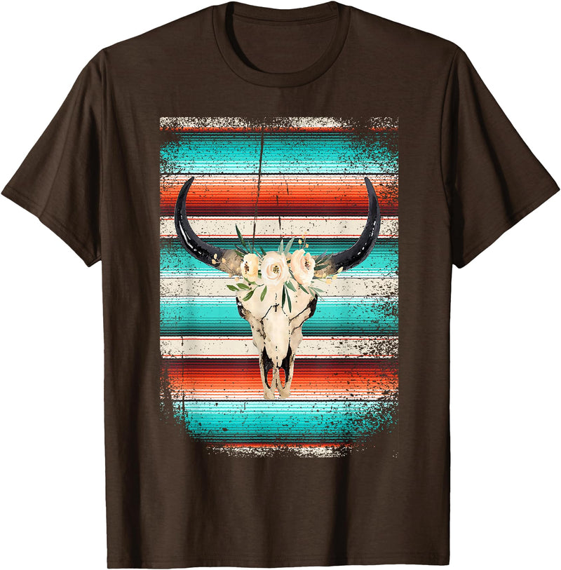 Funny Serape Cow BOHO designs Funny Serape Cow BOHO print Flower Rustic Turquoise T-Shirt - Brown