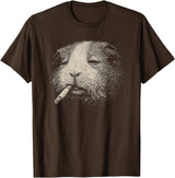 Pet Vintage Sarcastic Animal Dark Humor Meme Funny Guinea Pig Smoking Cigarette No Patience Attitude T-Shirt - Brown