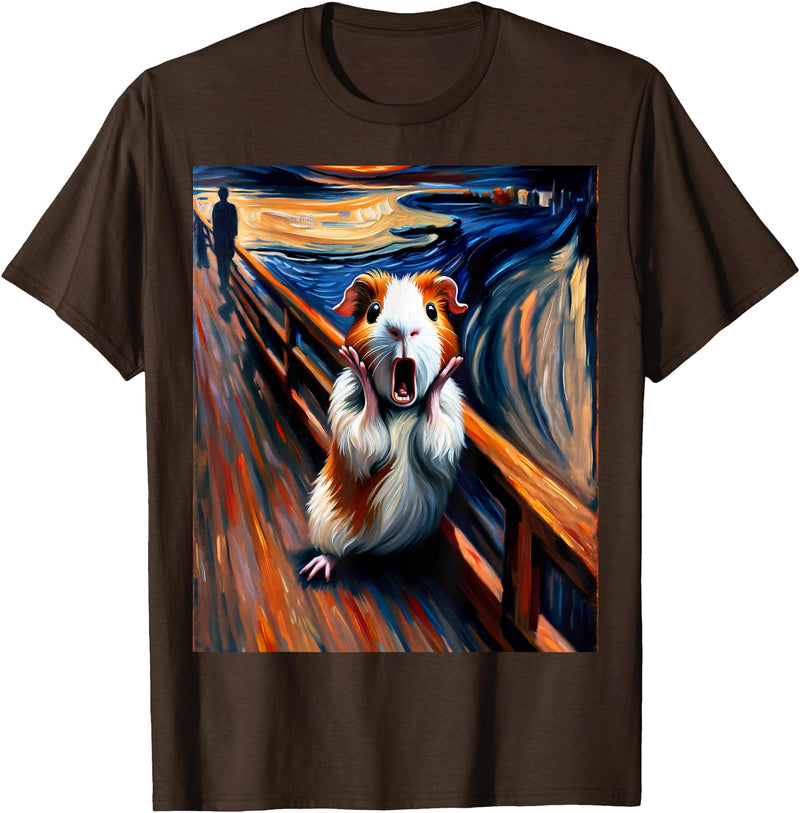 Artsy Guinea Pig Art Funny Animal Painting Humor Expressionist Scream Parody Funny Painting Art Guinea Pig T-Shirt - Brown