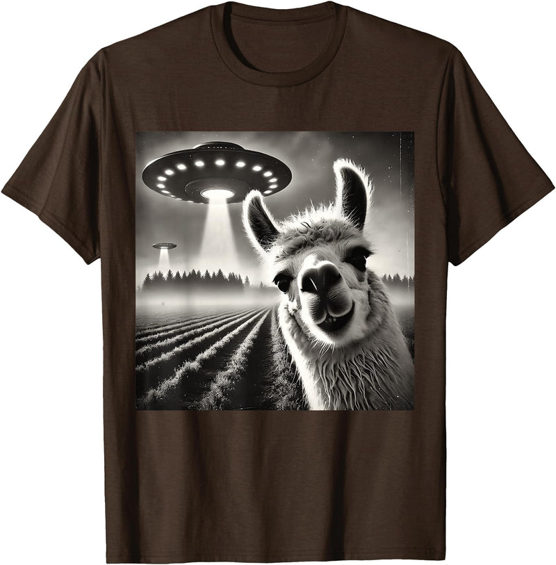 ÄLlamaAlpacaCo. Funny Llama Alpaca Selfie UFOs T-Shirt - Brown