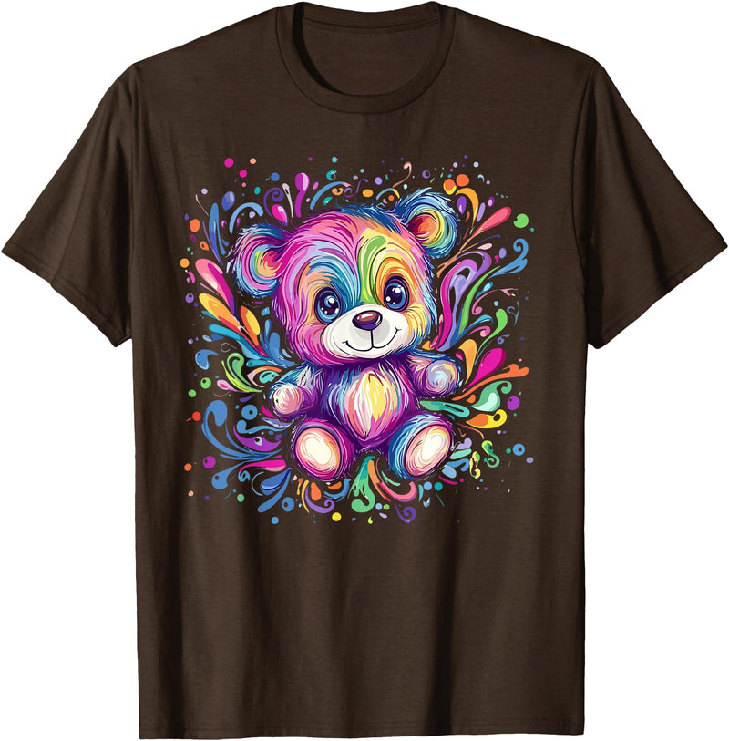 Vibrant Colorful Teddy Bear Illustration Rainbow Splash Teddy Bear T-Shirt - Brown