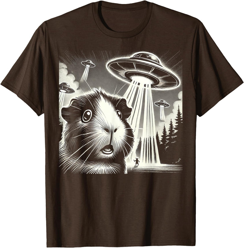 Guinea pig UFO BY TEERA Guinea pig UFO Funny Meme Selfie T-Shirt - Brown