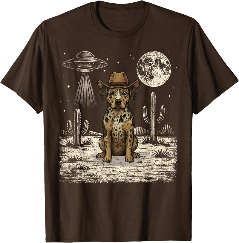 Retro Catahoula Leopard Dog Lover Halloween Moon Funny Catahoula Leopard Dog Cowboy Western UFO T-Shirt - Brown