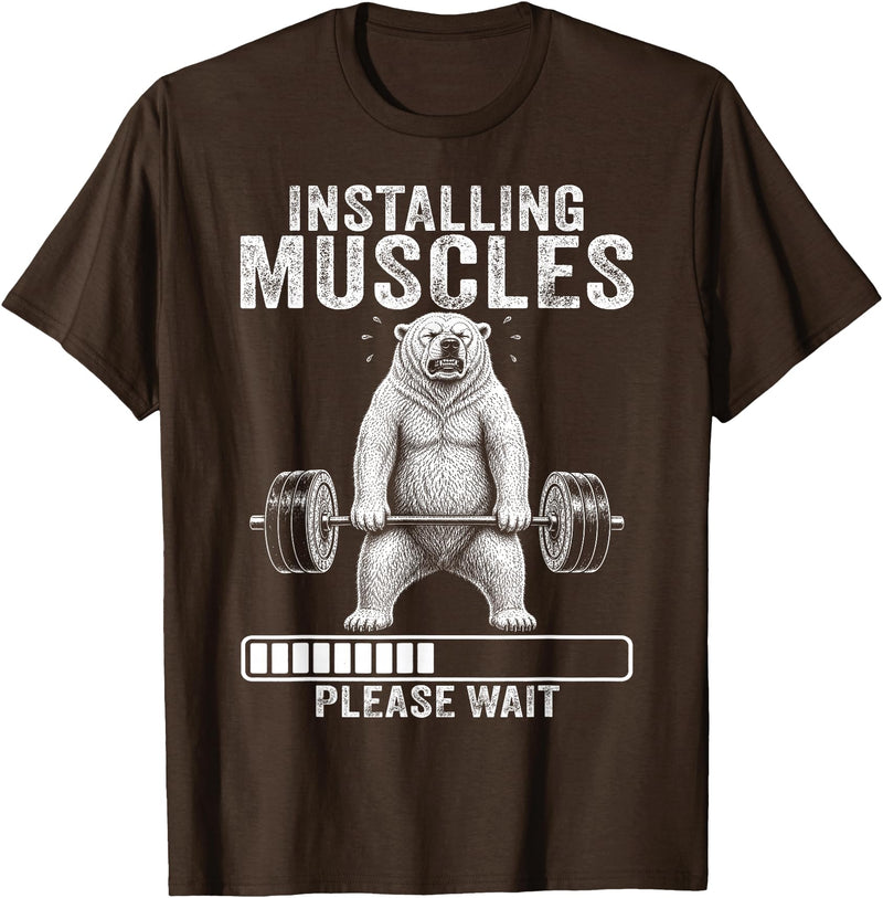 Funny Polar Bear Fitness Deadlift Workout Installing Muscles Please Wait Polar Bear Gym T-Shirt - Brown