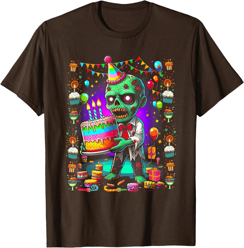Zombie Holding Birthday Cake Halloween Birthday Horror Party T-Shirt - Brown