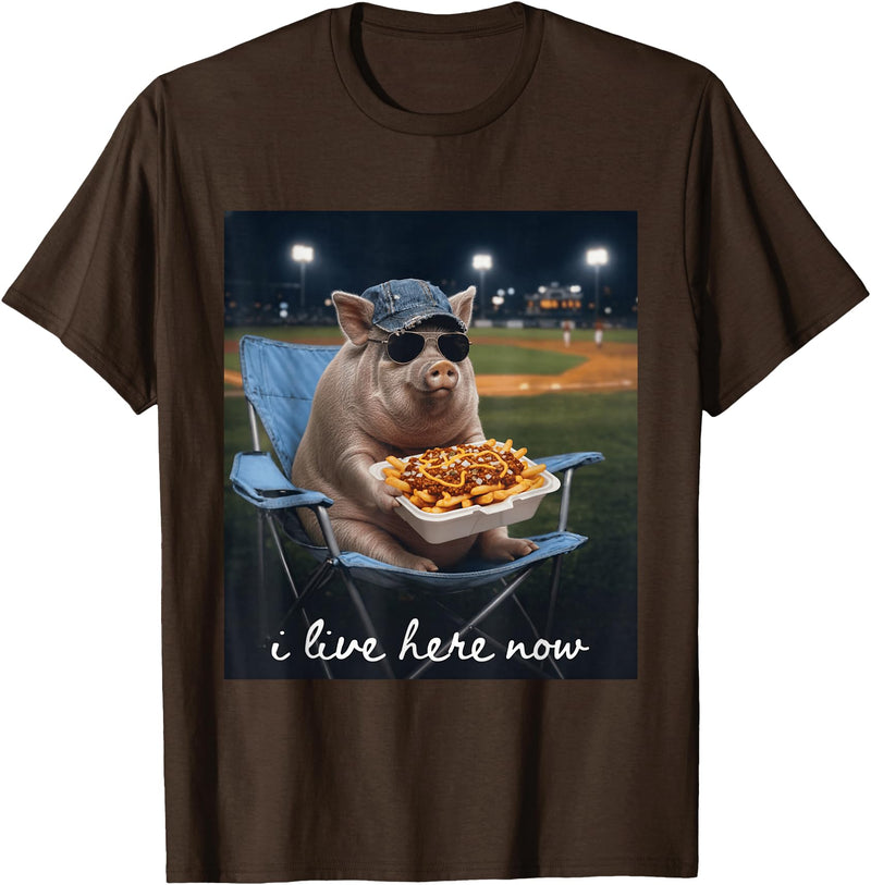 Funny Men Women Pig Baseball Outfit Funny Pig Baseball I Live Here Now T-Shirt - Brown