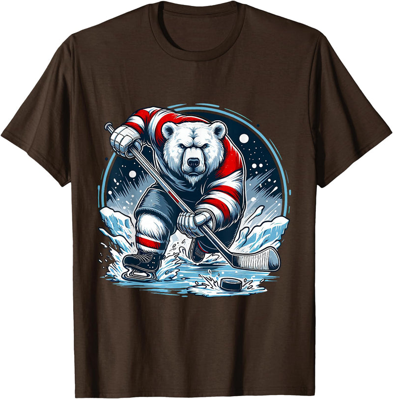 Hockey Player Love Polar Bear Hockey Bear on Ice: A Funny Polar Bear Playing Hockey T-Shirt - Brown