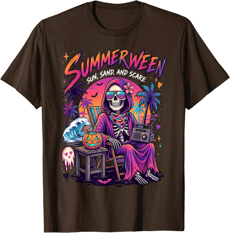 Summerween Halloween in July Spooky Summer Horror summerween Sun Sand and Scare Skeleton Halloween T-Shirt - Brown