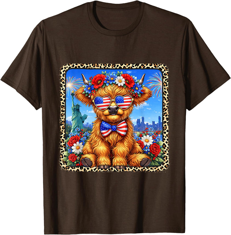 4th of July Apparel 4th of July Cow Patriotic Heart Glasses USA Floral Leopard T-Shirt - Brown