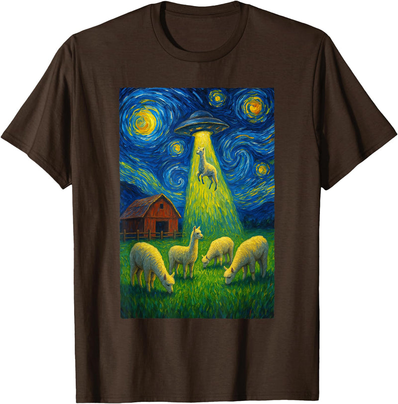 Farming UFO Llama Starry Night Painting Design Llama Alien UFO Abduction Starry Night Farmers T-Shirt - Brown