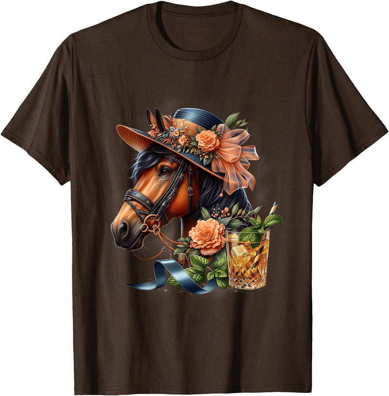 Horse Derby Party Mint Julep Cocktail Floral Hat Racing T-Shirt - Brown