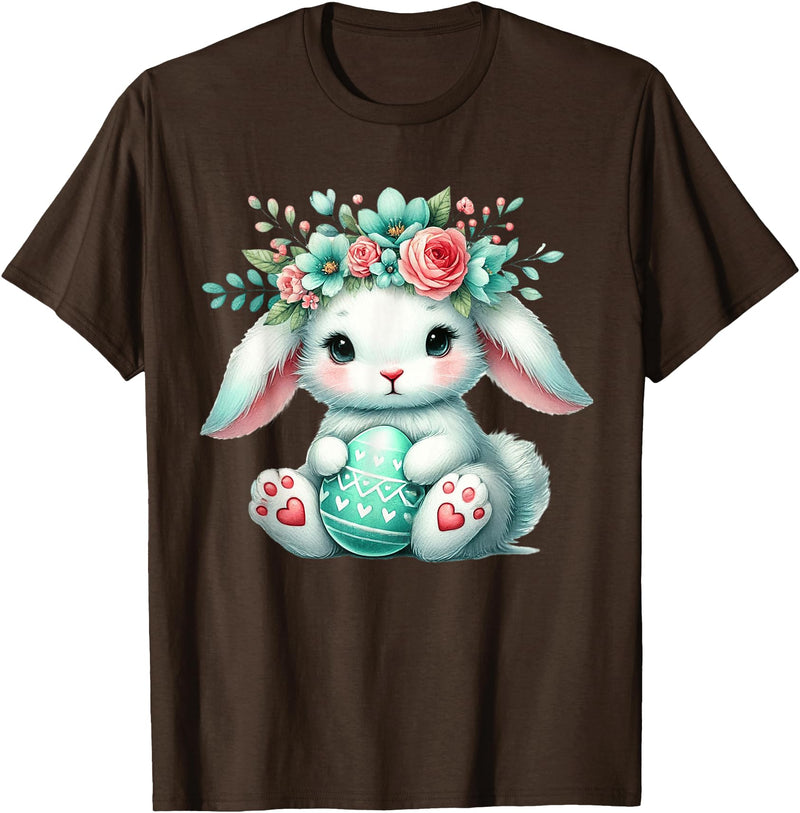 Easter Bunny with Flower Crown Girls Women Floral Cute T-Shirt in Brown