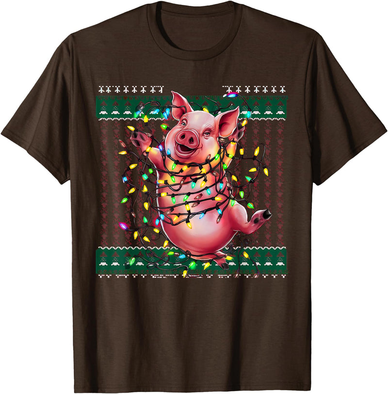 Christmas Sweater Tshirt For Men Women Santa Claus Christmas Family Xmas Ugly Christmas Outfit Merry Pig T-Shirt - Brown