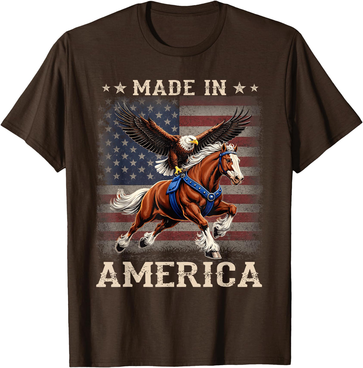 Made In America Patriotic Tees Made in America Western Horse Eagle USA Flag T-Shirt - Brown