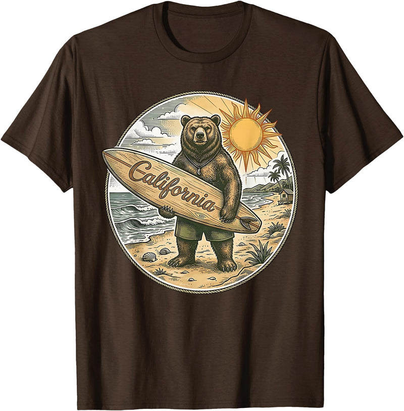 Retro Coastal Surf Bear Vintage Beach Apparel Vintage California Surf Bear Beach Retro Coastal Summer T-Shirt - Brown