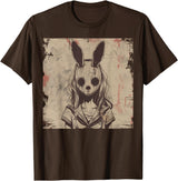 Goth Grunge Creepy Bunny Rabbit Mask Girl Anime Horror Art T-Shirt in Brown