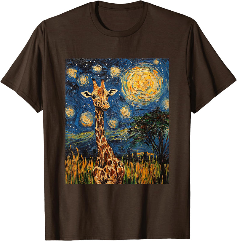 Giraffe Designs. Giraffe Africa Van Gogh Style Starry Night Cute Graphic T-Shirt - Brown