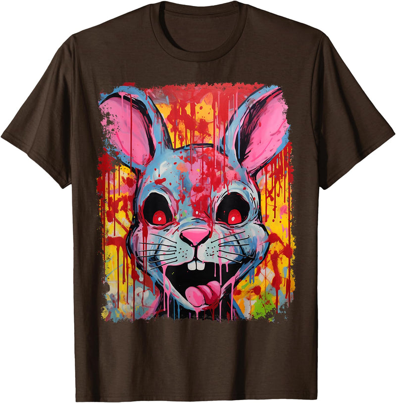 Pop Art Colorful Killer Bunny Rabbit Halloween T-Shirt in Brown