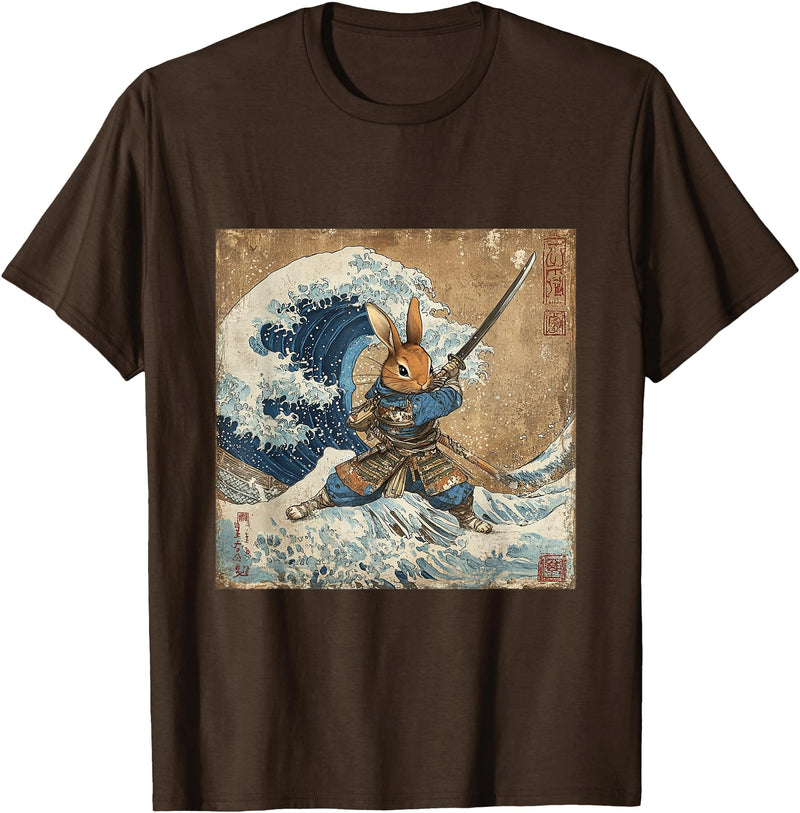 Bunny Rabbit Samurai Warrior Vintage Japanese Art Anime T-Shirt in Brown