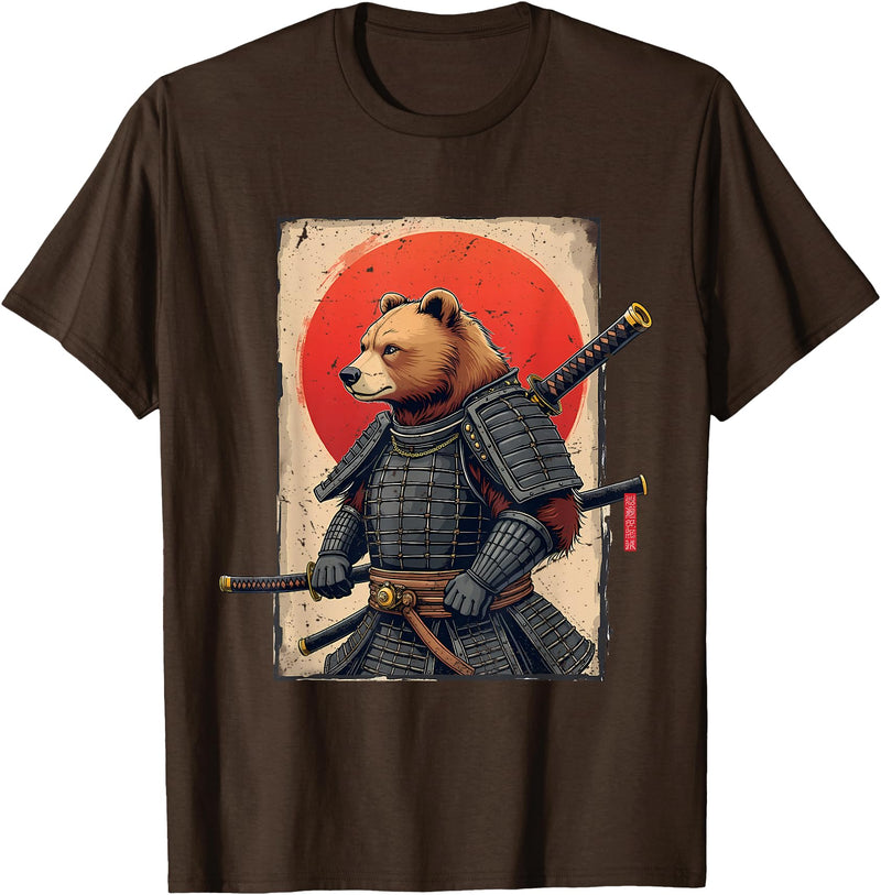 Japanese Samurai Bear Woodblock Art Samurai Brown Bear Ukiyo-e Ink Warrior Art Japanese Bear Art T-Shirt - Brown