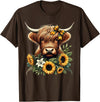 Cute Highland Cow and Coquette Bow Highland Cow with Sunflowers T-Shirt - Brown