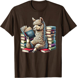Llama Book Lover Llama Reading Book Reader Bookworm Alpaca Lover T-Shirt - Brown