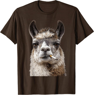 FunWearVM Funny Smoking Llama Cool Animal Lover with Attitude T-Shirt - Brown
