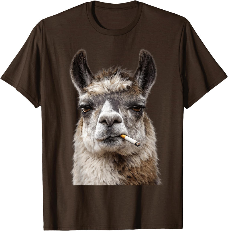 FunWearVM Funny Smoking Llama Cool Animal Lover with Attitude T-Shirt - Brown