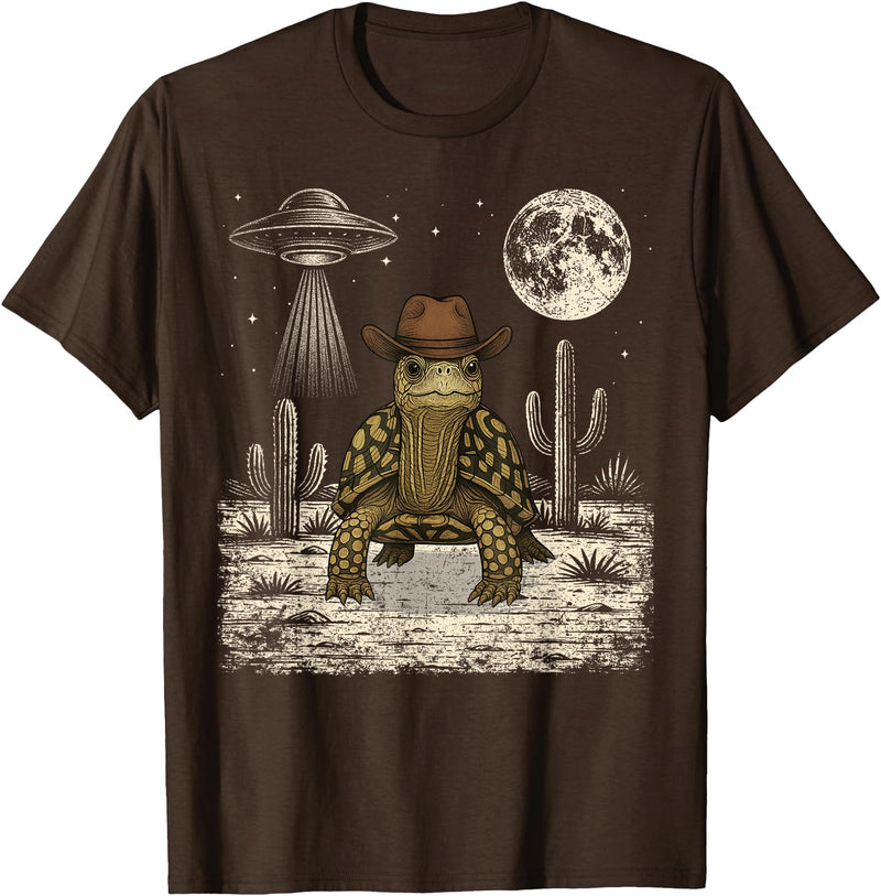 Retro Land Turtle Lover Halloween Moon Funny Eastern Box Turtle Cowboy Western UFO T-Shirt - Brown