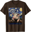 Cute Pigs Designs. Cute Pig Funny Van Gogh Style Starry Night Graphic T-Shirt - Brown