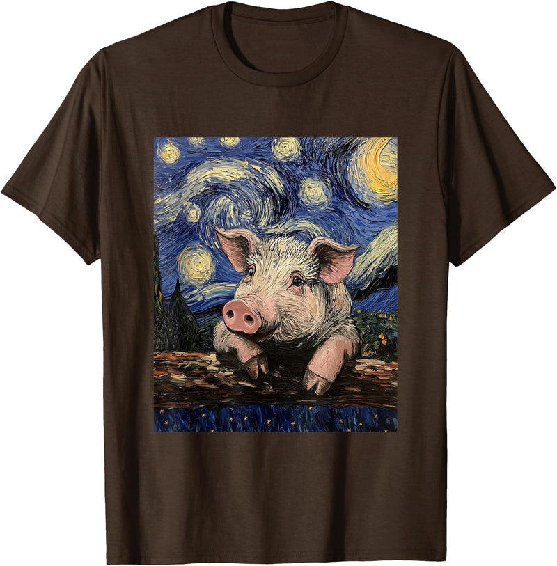 Cute Pigs Designs. Cute Pig Funny Van Gogh Style Starry Night Graphic T-Shirt - Brown