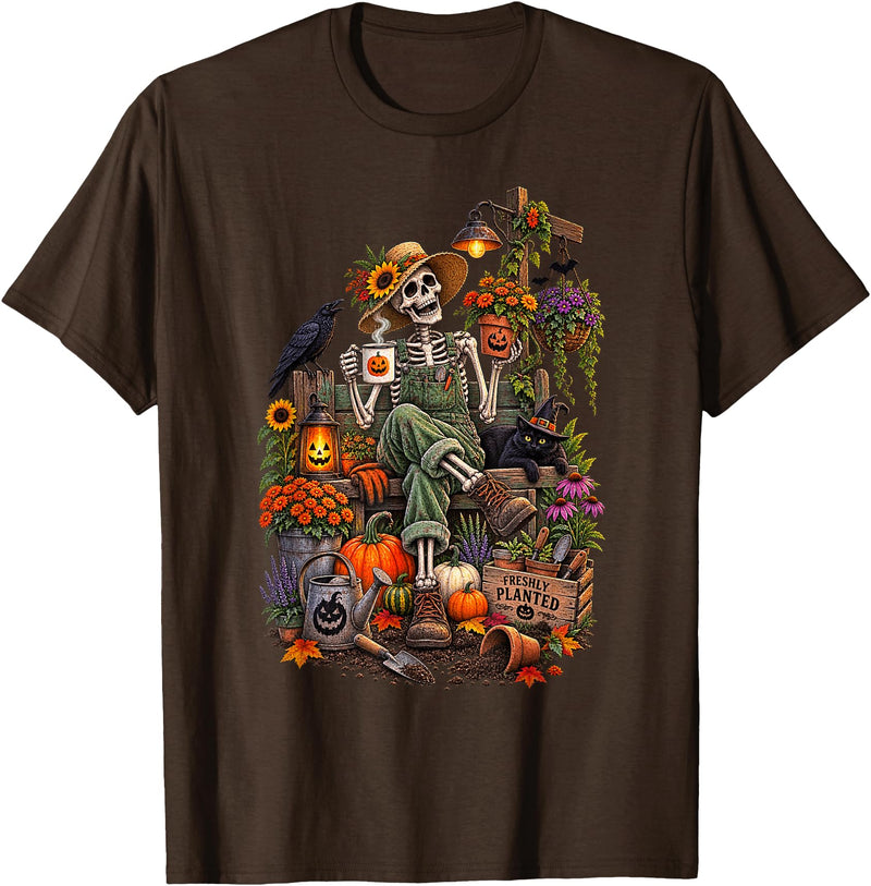 Halloween Gardening Lover Apparel & Gifts Outlet Freshly Planted Skeleton Gardener Halloween T-Shirt - Brown