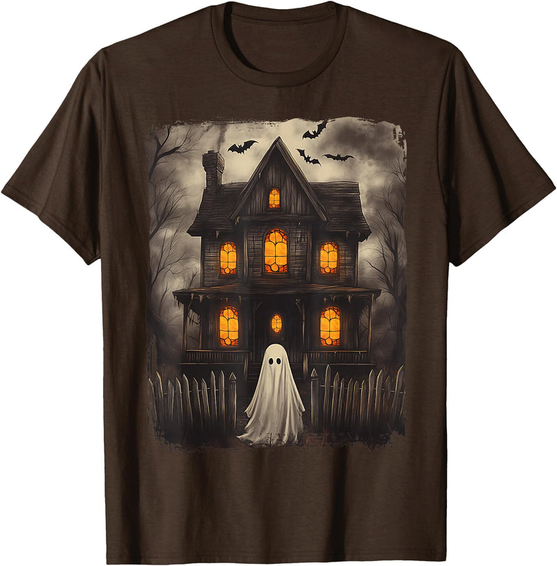 Vintage Haunted House Ghost Halloween Costumes Vintage Ghost Haunted House Scary Halloween Costume Spooky T-Shirt - Brown