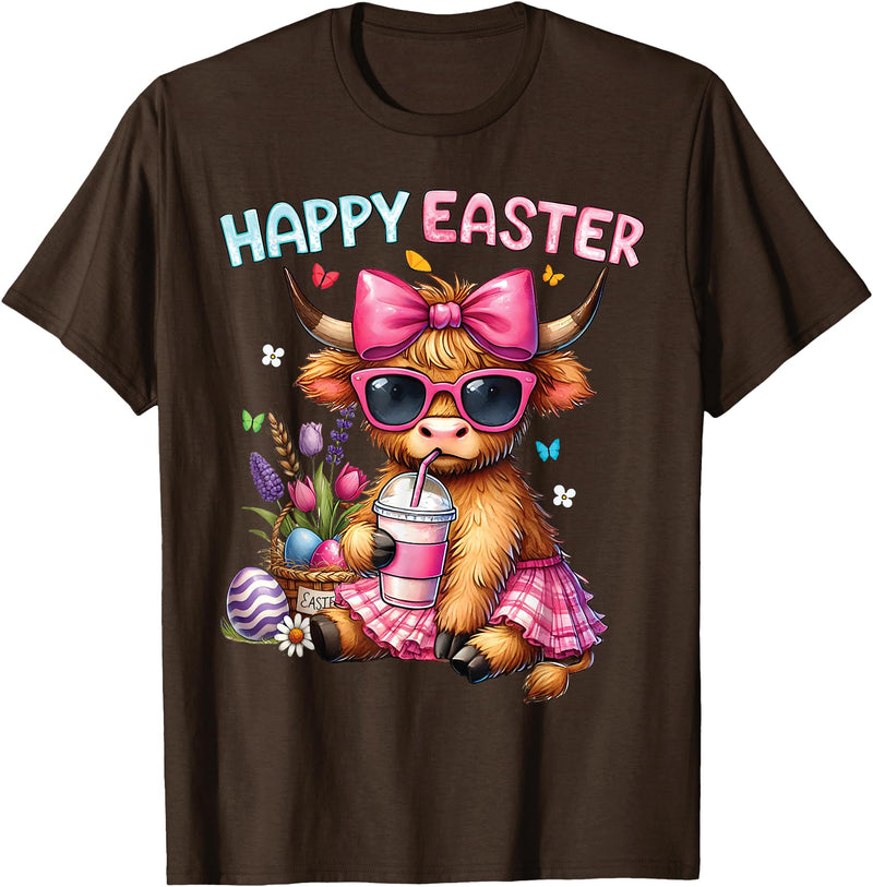 Farm Animal Highland Cow easter Gifts Happy Easter Day Highland Cow Cute Holiday Bunny Women Kids T-Shirt - Brown