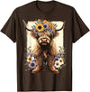 Funny Highland Cow lover Floral Highland Cow Cowboy Boots Western Country T-Shirt - Brown